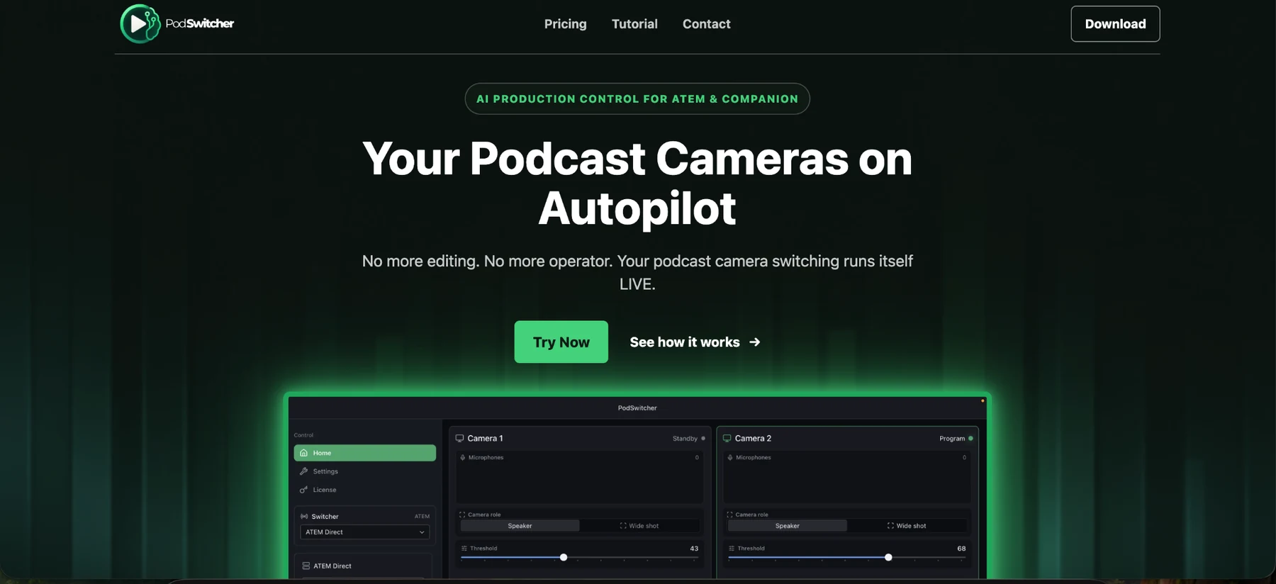PodSwitcher website showing its automated podcast camera switching application