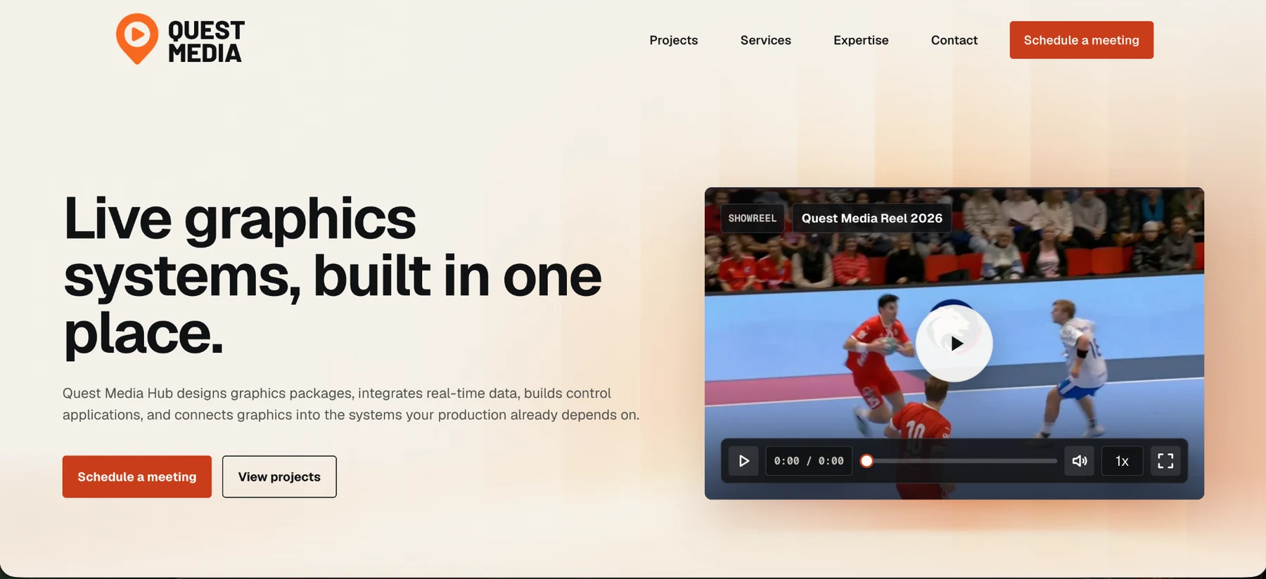 Quest Media Hub website showing its live graphics systems work