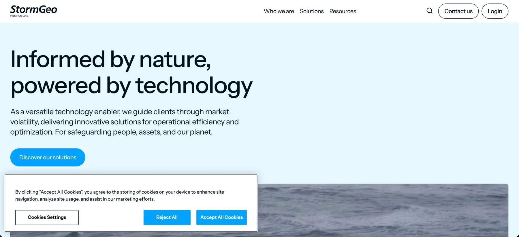 StormGeo website showing its technology and weather-intelligence platform