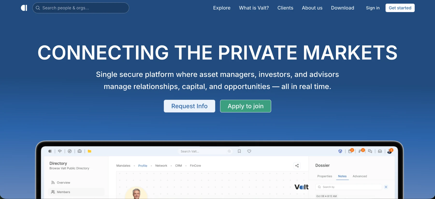 Valt Network website showing its private-markets platform